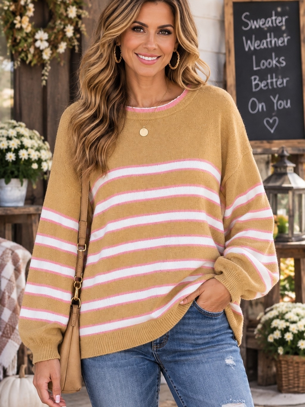 Crown & Ivy Women’s P/M Camel Pink White Striped Oversized Sweater NWT